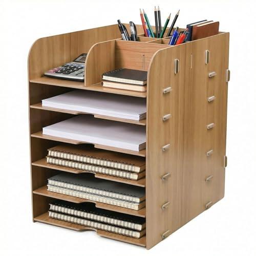 KAGEYMB Organizador de escritorio de madera con 5 compartimentos, con soporte para bolígrafos, bandeja para documentos, A4, bandeja para cartas, bandeja de papel A4, para oficina, hogar, estudio