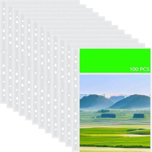 100 unidades de fundas para folletos A3, fundas transparentes con perforación, láminas transparentes extrafuertes, apertura superior, fundas transparentes transparentes, fundas de plástico para