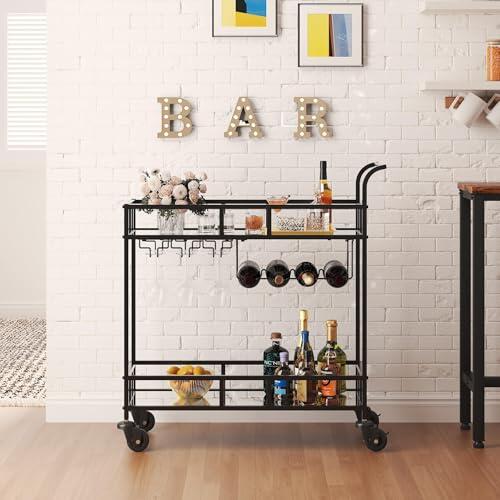 Garvee Carro de Bar portátil de 2 Niveles con Ruedas y estantes de Espejo – Soporte para 4 Botellas y 3 Filas de Copas – Diseño Compacto para Comedor y Sala – Negro+Espejo, 34x15x35 Pulgadas