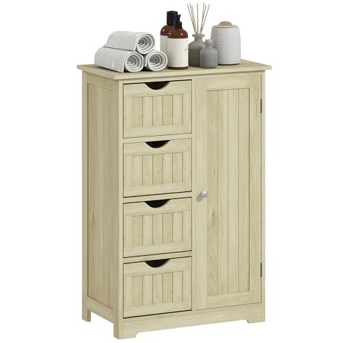 kleankin Armario de Baño, Columna de Baño Estrecha con 4 Cajones y Estante Ajustable, Estilo Moderno, para Espacios Pequeños, 56x30x83 cm, Madera Natural
