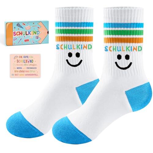 SukModen Calcetines para niños con caja y tarjeta de ánimo, regalo para la vuelta al cole, algodón EU 25-34 para colegio, diario y deporte, Azul Rosa Violeta