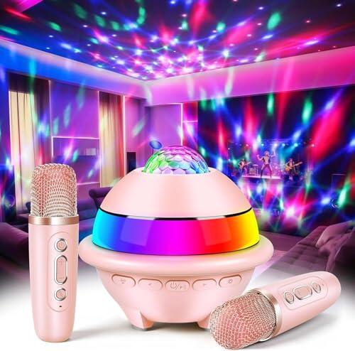 JONRRYIN Karaoke Infantil con 2 Microfonos Inalambricos, Microfono Karaoke Bluetooth con Luces LED Discoteca y Efectos de Voz, Regalo Niñas y Niños, Juguetes Bola Discoteca (Rosa)