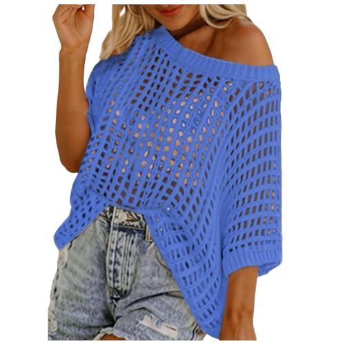 Genérico Top Mujer Ganchillo Cuello Redondo Cover Up Rejilla Chic Camiseta Punto Casual Blusa Suéter de Manga Corta con Cuello Redondo para Mujer, Tops de Punto calados de Ganchillo Informales