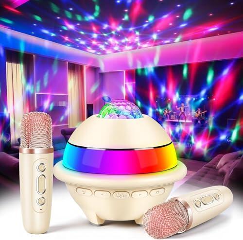 JONRRYIN Karaoke Infantil con 2 Microfonos Inalambricos, Microfono Karaoke Bluetooth con Luces LED Discoteca y Efectos de Voz, Regalo Niñas y Niños, Juguetes Bola Discoteca (Blanco)