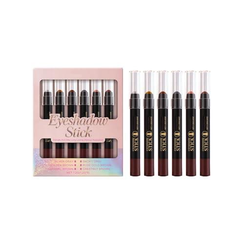 Set de 6 Sombras de Ojos en Barra | Apto para Ojos Sensibles | Enriquecido con Vitamina E | Color Sedoso y Duradero | Gris Plateado, Marrón Dorado, Marrón Castaño