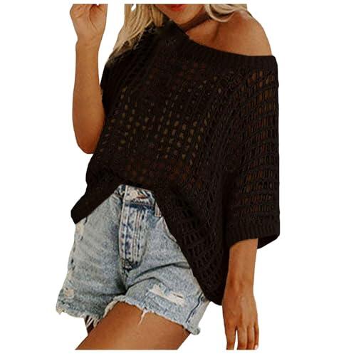 Genérico Top Mujer Ganchillo Cuello Redondo Cover Up Rejilla Chic Camiseta Punto Casual Blusa Suéter de Manga Corta con Cuello Redondo para Mujer, Tops de Punto calados de Ganchillo Informales