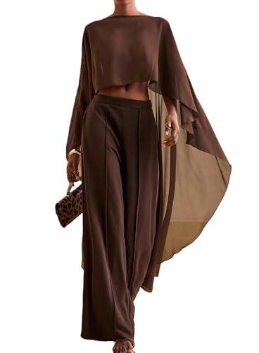 Alaurbeauty Capa larga asimétrica de gasa para mujer, poncho fluido, bufanda de malla transparente y capelets, para novias, bodas y veladas, marrón, Talla única