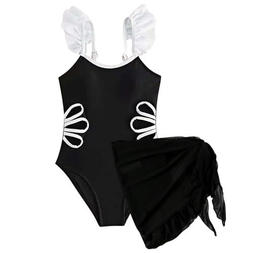 Trajes de baño deportivos para niñas, con tirantes de volantes, cuello en U, correas ajustables, secado rápido, sin mangas, traje de baño atlético, bloque de color, ropa de playa, Negro, 8-9 años