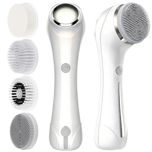 NAVESO 3 En 1 Limpiador Facial Electrico,Cepillo Limpiador Facialcon Ems y Calefacción, IPX7 Impermeable Cepillo Limpieza Facial con 4 Cabezales, para Limpieza Profunda, Eliminación De Acné
