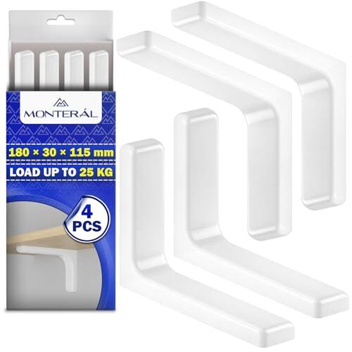 4 Piezas Escuadras para Estanterias de 180 x 30 x 115 mm - Soporte Estanteria Pared de Color Blanco Tiene en Forma de L con Una Carga Máxima de 25 kg - Garantía de 10 Años - MONTERAL