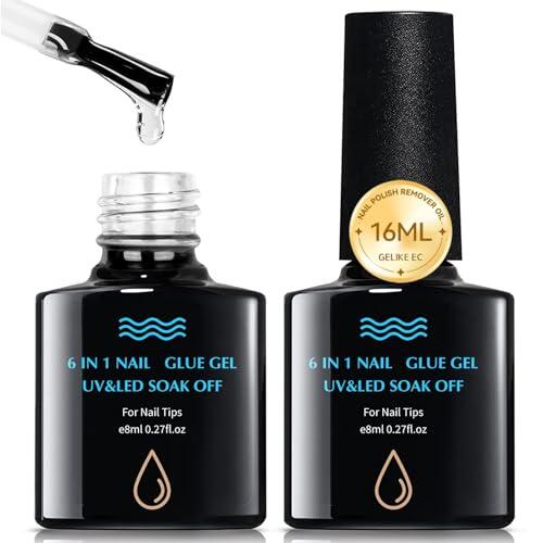 Pegamento Uñas Postizas,2x8ml Pegamento En Gel 6 En 1 Para Uñas,Adhesivo para uñas postizas Y Tips Transparentes,Nail Extend Pegamento,Necesita UV Curado Con Luz