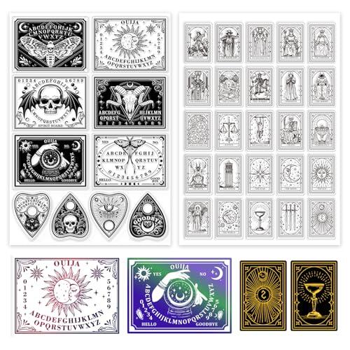 GLOBLELAND Juego de sellos de tarjetas de tarot mágicas de 2 hojas de silicona para scrapbooking, adivinación y fabricación de tarjetas, grabado en relieve y diario