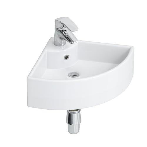 Lavabo esquinero pequeño de cerámica, 460 x 330 mm, blanco, pequeño lavabo para invitados y baños pequeños, montaje en pared o sobre encimera con orificio para grifo y rebosadero, diseño moderno de