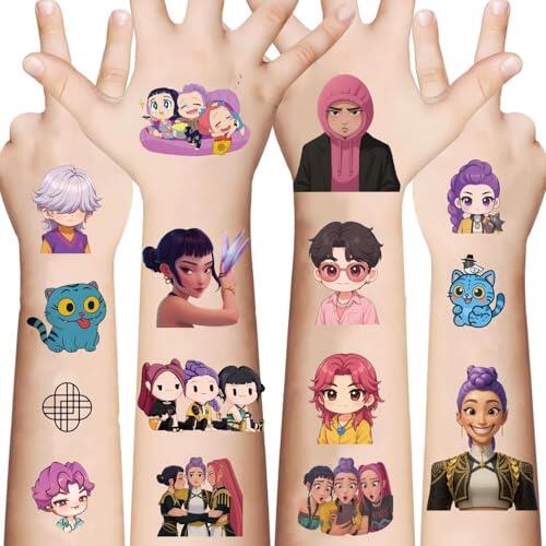 Tatuajes temporales Kpop niños – Set de 9 hojas 100 pcs tatuajes, calcomanías removibles y resistentes al agua, kit de tatuajes infantiles para cumpleaños, decoración y regalos para niña