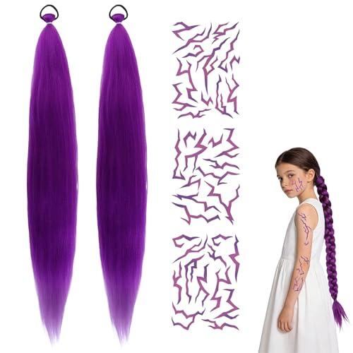 2Pcs Peluca Ru-mi Kpop Trenza Ru-mi Extensiones Pelo Morado Para Trenzas Kpop Extensiones Moradas para Halloween Cosplay Convenciones de Anime con 3 Pegatina De Tatuaje Temporal Morada,66cm