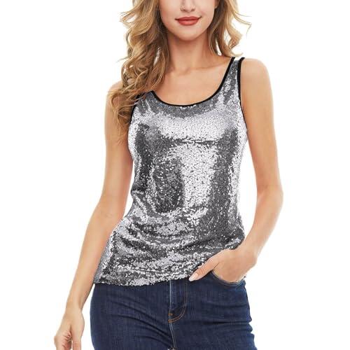Camiseta de tirantes con lentejuelas brillantes para mujer, plata, XXL