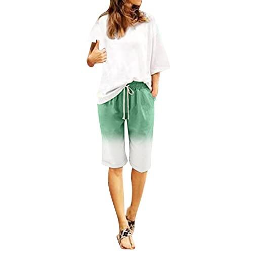 Generisch Pantalones anchos para mujer con degradado o mezcla de algodón y lino, elásticos, pantalones largos para el tiempo libre, para la playa y el día a día, verde, M