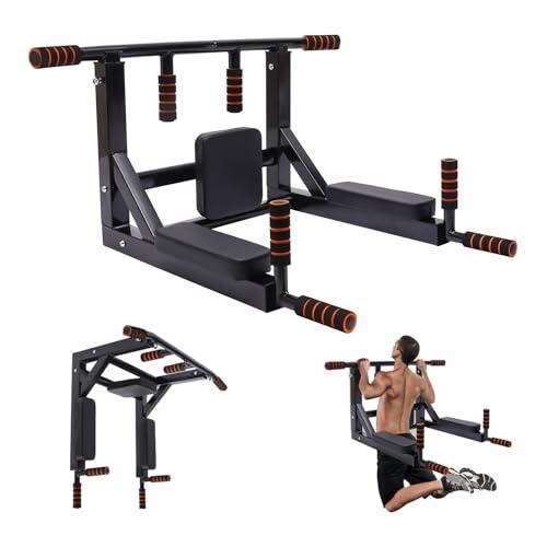 TONFEION Barra de dominadas de pared y estación de fondos, barra de dominadas de más de 200kg, dispositivo de entrenamiento multifuncional interior para entrenamiento de pecho, brazos y espalda, para