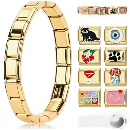SCBOY 10PCS Pulsera Italiana Charms Dorado Módulos Desmontables DIY Para Pulseras De 9 mm Italian Charm Bracelet Set con Herramienta De Apertura Y Pulsera（B）