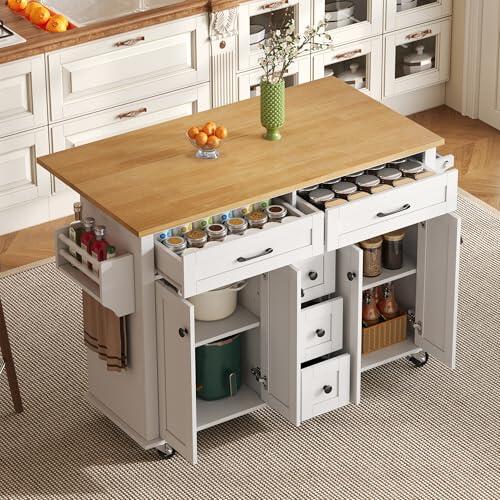 gonew21 Carrito de cocina multifuncional con encimera plegable – Isla de cocina blanca con 5 cajones y 2 armarios, incluye estante para especias y toallero, 5 ruedas, 140 x 40 (65) x 89 cm