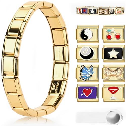 SCBOY 10PCS Pulsera Italiana Charms Dorado Módulos Desmontables DIY Para Pulseras De 9 mm Italian Charm Bracelet Set con Herramienta De Apertura Y Pulsera（A）