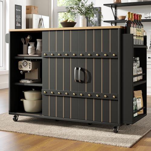 gonew21 Carro de cocina con puertas correderas y encimera plegable, carrito de servicio negro con 3 cajones, estante para especias y toallero, 110 x 42 (70) x 90 cm, 4 ruedas