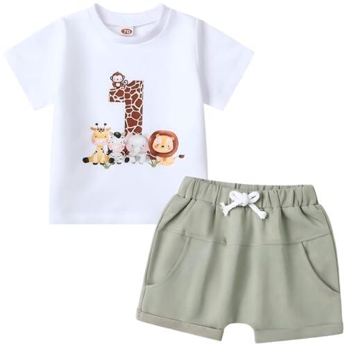 Asmea Conjunto Cumpleaños 1 Año Niño Ropa Bebe 1 Año Niño Regalo Bebe One Year Old Boy Outfit Camiseta de Manga Corta con Estampado Animal + Pantalón 12-18 Meses Marrón
