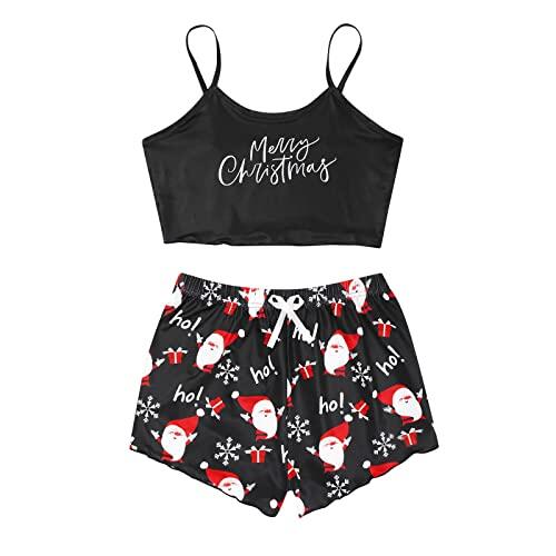 Generisch Conjunto de pijama de 2 piezas para mujer con estampado festivo de Navidad, elegante borde de ensalada como ropa de dormir cómoda para un sueño reparador, G, S