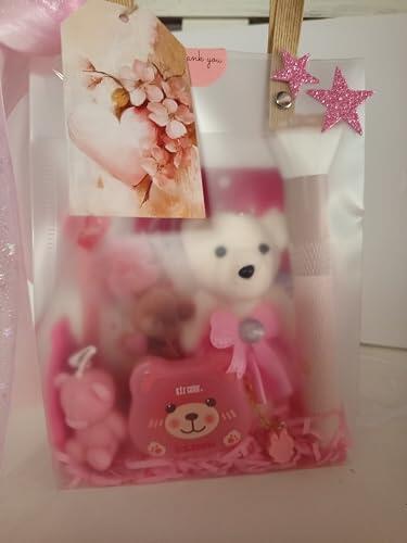 Set de Regalo Rosa para Adolescentes con Bolsa, Incluye oso de poriespan, Accesorios de Belleza, Espejo Compacto y Decoración con Temática de Corazones