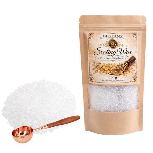DI GLANZ Cera de sellado de 100 g con cuchara para derretir – Transparente y colores nacarados – para sellos de cera, boda, tarjetas de invitación y bricolaje – Amber Gold, Blanco, Amarillo y Mix