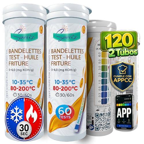 (CALIENTE|FRÍO) 120 Tiras Reactivas Aceite Freidora Pro - 2 tubos - 30 seg. - APP Móvil de seguimiento APPCC - Tiras|Bandas de Test Aceite Fritura - Medición FFA KOH - Planta industrial ISO 9001