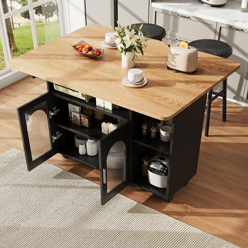 vutizal Isla de cocina con encimera plegable, MDF, negro, 120 x 30 x 79,5 cm, moderna, capacidad de carga de 60 kg, 31,36 kg