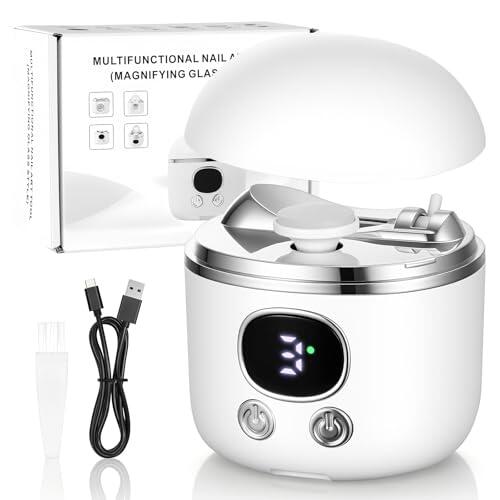 Cortaúñas Eléctrico, Cortaúñas Automático con Lupa de Luz LED, Función de Corte y Pulido Automático + Almacenamiento de Restos de Uñas, 3 Niveles de Velocidad + Indicador (Blanco) ﻿