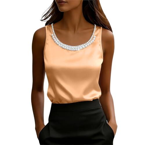 Camisetas Mujer Verano Elegante Camisola de Mujer con Detalles de Cuentas para Informales Verano Sin Mangas y Corte Entallado (Rose Gold, L)