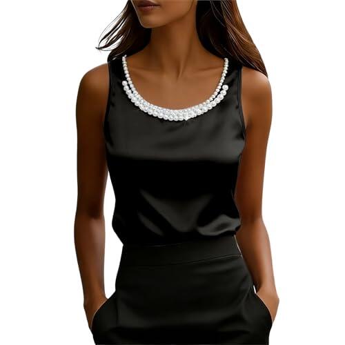 Camiseta Tirantes Mujer Elegante Camisola de Mujer con Detalles de Cuentas para Informales Verano Sin Mangas y Corte Entallado (Black, L)