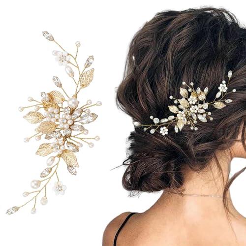 Tocados de Pelo Boda Novia, Oro Peinetas para el pelo Flor, Perla Headpiece Nupcial Cristal Hoja Accesorios para el Cabello, Accesorios Pelo para Mujeres y Niñas