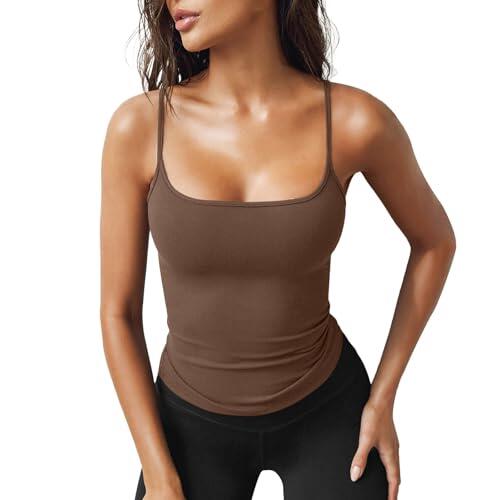 Camiseta sin mangas ajustada con cuello cuadrado para mujer con tirantes delgados delgados para verano, básica, versátil, suave y elástica, para usar en capas y uso casual, marrón, XS