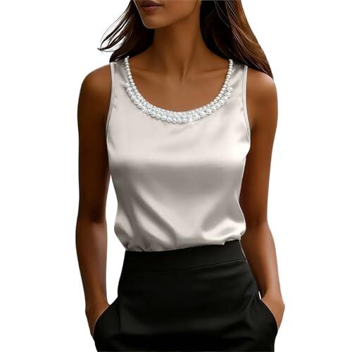 Tank Top Basicas Mujer Elegante Camisola de Mujer con Detalles de Cuentas para Informales Verano Sin Mangas y Corte Entallado (White, L)