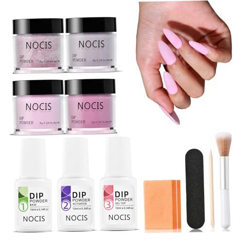 Kit de uñas en polvo de inmersión, kit de polvo de inmersión de uñas de 4 colores para arte de salón de bricolaje en el hogar, acabado brillante o esmerilado con activador de capa superior base, mani