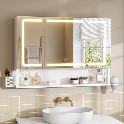 FORABAMB Armario Espejo Baño 80x16x60, Espejo de Baño con Luz Led y Estación de Carga, Mueble Baño con Cesta de Almacenamiento y Estante Interior Ajustable, Tres Temperaturas de Color, Control táctil