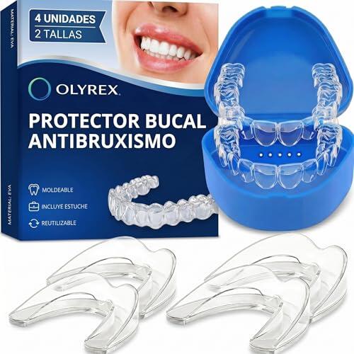 Ferula Descarga Bruxismo 4 Piezas 2 Tamaños – Protector Bucal para Bruxismo y Antironquidos – Férula Dental Noche Ajustable, Moldeable y Reutilizable – Protección contra Rechinar de Dientes – OLYREX®