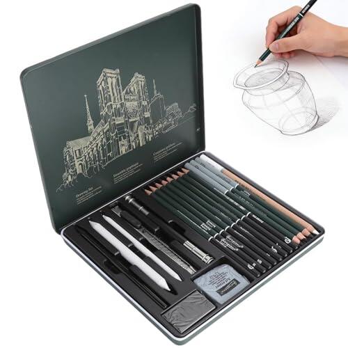 HORREX 19 Piezas Suministros, Lapices Dibujo Profesional, Carboncillo, Kit de Dibujos, Grafito, Materiales para Practicar Esbozar Sombrear Arte Más para Principiantes y Artistas