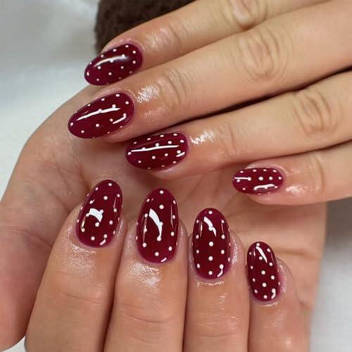BelleFlair 24 Piezas Uñas Postizas a Puntos Rojas, Uñas Artificiales de Forma Ovalada Media, Falsas Ovaladas Cortas, de Gel Suave, Adhesivas para Mujer