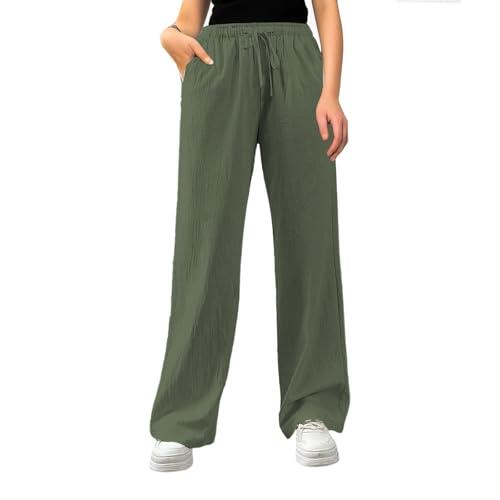 Pantalones casuales holgados de cintura alta con cordón para mujer, bolsillos laterales, cómodos, elásticos, cintura elástica, control de abdomen, parte inferior diaria, Ejercito Verde, M