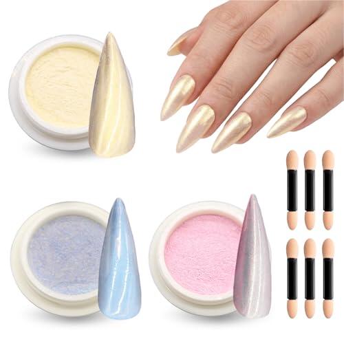 COYUN 3 Cajas Polvo Uñas Efecto Perlado, Polvos Efecto Espejo Uñas Blanco Aurora,Polvo Cromado Transparente para Uñas Purpurina Powder Pigmento Metalizado Rosquilla Glaseada, Decoracion Uñas, Nail Art