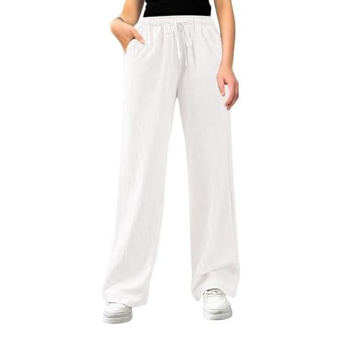 Pantalones casuales holgados de cintura alta con cordón para mujer, bolsillos laterales, cómodos, elásticos, cintura elástica, control de abdomen, parte inferior diaria, blanco, M