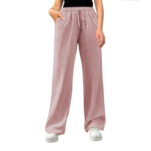 Pantalones casuales holgados de cintura alta con cordón para mujer, bolsillos laterales, cómodos, elásticos, cintura elástica, control de abdomen, parte inferior diaria, rosa claro, M