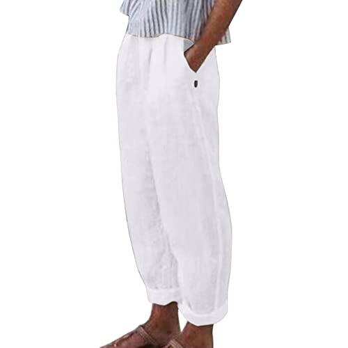 Pantalones cómodos de cintura alta y pierna ancha con cordón elástico para mujer, pierna recta, pantalones largos con bolsillos y control de abdomen, blanco, XXL