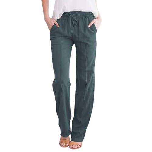 Pantalones largos de lino de cintura alta y pierna ancha para mujer, ligeros, casuales, para verano, playa, control de abdomen, verde oscuro, 3XL