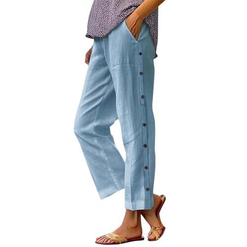 Pantalones largos casuales de lino para mujer, cintura elástica, detalle de botón, cómodos, pantalones de verano con control de abdomen, azul claro, M